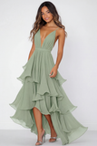 Red V-Neck A Line Long Chiffon Formal Dress with Ruffles