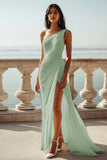 Champagne Chiffon Ruched One Shoulder Beach Maxi Engagement Dress with Slit