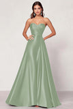 Plum A Line Strapless Satin Maxi Prom Dress