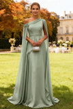 Dark Green Long One Shoulder Chiffon Wedding Guest Dress with Cape