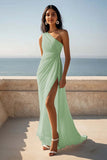 Chiffon One Shoulder Ruched Ivory Maxi Rehearsal Dinner Dress with Slit