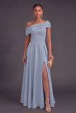 Yellow Off the Shoulder A Line Long Wedding Guest Dress with Slit