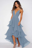 Dusty Rose A Line V-Neck Long Chiffon Formal Dress with Ruffles