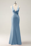 Pink Mermaid V Neck Satin Long Bridesmaid Dress