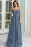 Navy Off the Shoulder Applique A-Line Chiffon Mother of the Bride Dress