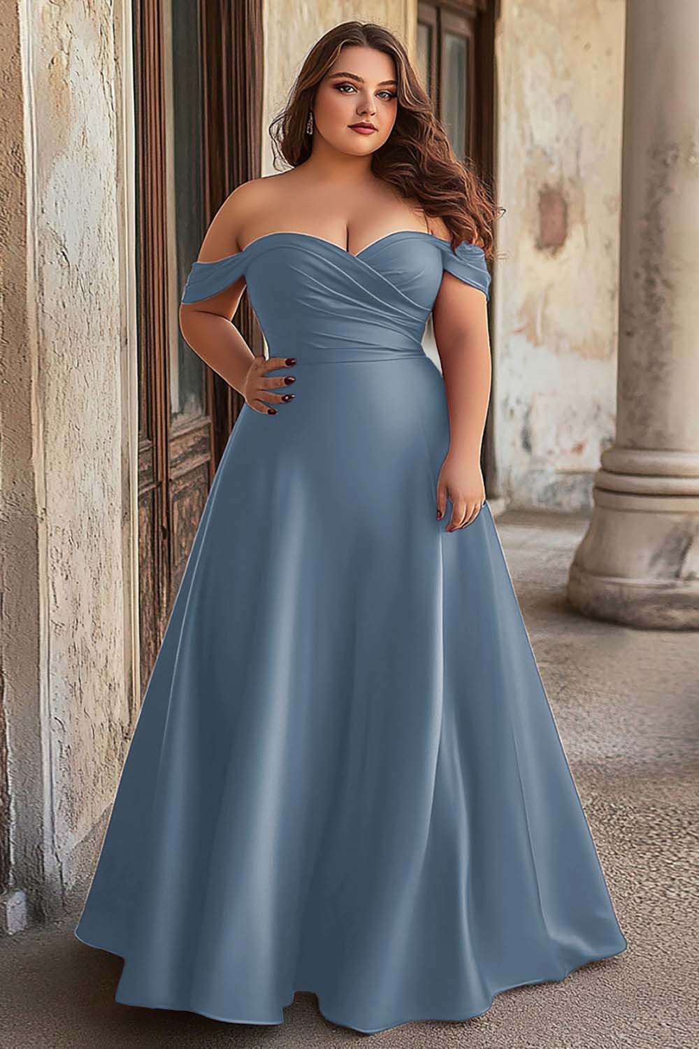 Leely Women Dusty Blue Satin A Line Maxi Prom Dress Off the Shoulder