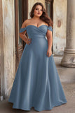Dusty Blue Satin A Line Ruched Plus Size Maxi Prom Dress