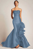 Strapless Satin Mermaid Long Black Tie Dress with Ruffles