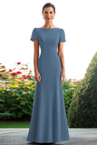 Royal Blue Short Sleeves Sheath Satin Long Mother of the Bride Dress