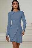 Short Ivory Pencil Pleated Round Neck Work Dress with Sleeves