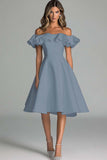 Dusty Rose Satin A Line Off the Shoulder Midi Graduation Dress with Ruffles