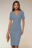 Navy Bodycon V Neck Short Sleeves Midi Work Dress