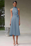 Pink Satin A Line Halter Tea Length Formal Dress
