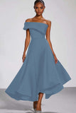 Navy Off the Shoulder A Line Asymmetrical Formal Dress