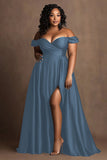 Royal Blue Plus Size Satin Off the Shoulder Long A Line Formal Dress with Slit