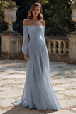 Simple Ivory Chiffon Sweep Train Ruched Wedding Dress with Sleeves