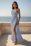Chiffon One Shoulder Ruched Ivory Maxi Rehearsal Dinner Dress with Slit