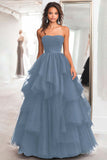 Black Ball Gown Tulle Tiered Strapless A Line Prom Dress