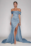 Elegant Dusty Blue Sheath Satin Off the Shoulder Maxi Prom Dress with Slit