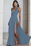 Black Halter Maxi Pleated A Line Formal Dress with Slit