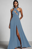Black A Line Pleated Halter Cut Out Formal Dress with Slit