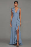 Dark Green Mermaid Ruffled V Neck Long Formal Dress with Slit