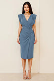 Olive V-Neck Ruched Sheath Tea Length Formal Dress