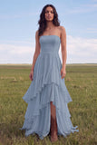 White Strapless A Line Swep Train Tiered Western Wedding Dress with Ruffles