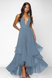 A Line Red V-Neck Ruffled Chiffon Long Formal Dress
