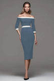 Black and White Patchwork Off the Shoulder Pencil Midi Work Dress with Sleeves