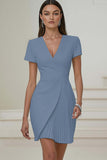 Ivory V-Neck Pleated Short Pencil Work Dress with Sleeves