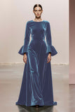 Dark Green Round Neck A Line Velvet Long Formal Dress with Sleeves