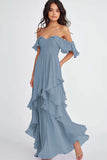 Lilac Off the Shoulder Ruffled Flowy A Line Maxi Formal Dress