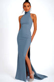 Dark Navy Satin Sheath High Neck Long Wedding Guest Dress with Slit