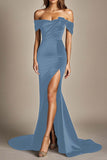 Black Off the Shoulder Mermaid Floor Length Formal Dress with Slit
