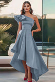Fuchsia A Line Ruffled Satin Asymmetrical Formal Dress