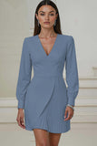 Ivory Short Pencil V-Neck Pleated Work Dress with Sleeves
