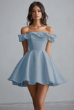 Dusty Blue A Line Off the Shoulder Satin Short Graduation Dress with Ruffles