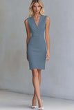 Dusty Blue Bodycon Ivory V-Neck Short Work Dress
