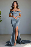 Dusty Rose Off the Shoulder Mermaid Elegant Maxi Prom Dress with Slit