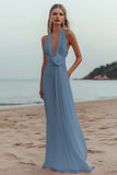 White Chiffon A Line V-Neck Long Rehearsal Dinner Dress