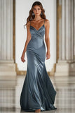 Dark Green Stretch Satin Spaghetti Straps Mermaid Formal Dress