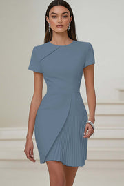 Dusty Blue Bodycon Satin Short Pleated Work Dress with Sleeves