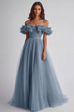 Dusty Sage A Line Tulle Long Wedding Guest Dress with Ruffles