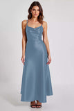 Navy Sheath Cowl Neck Spaghetti Straps Long Formal Dress