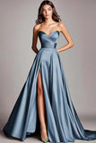 A Line Dusty Blue Strapless Sweetheart Maxi Prom Dress with Slit