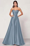 Dark Green A Line Satin Strapless Maxi Prom Dress