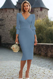 Midi Ivory V-Neck Bodycon Engagement Dress with Sleeves