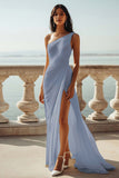Champagne Chiffon Ruched One Shoulder Beach Maxi Engagement Dress with Slit