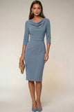 Navy Bodycon Cowl Neck Long Sleeves Midi Work Dress